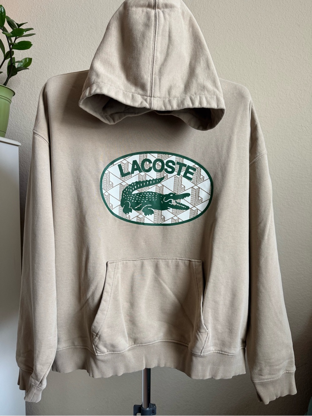 Lacoste Beige Hoodie with Green Crocodile Logo